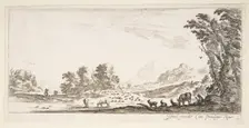 Plate 11: shepherdess seated to the right under a tree, watching her flock to the left..., ca. 1641. Creator: Stefano della Bella