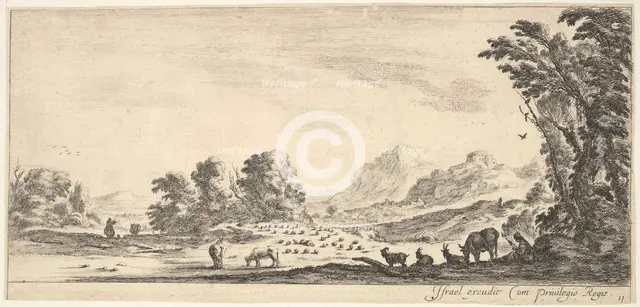 Plate 11: shepherdess seated to the right under a tree, watching her flock to the left..., ca. 1641. Creator: Stefano della Bella.