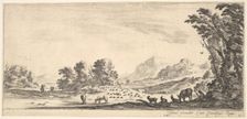 Plate 11: shepherdess seated to the right under a tree, watching her flock to the left..., ca. 1641. Creator: Stefano della Bella