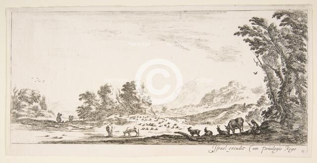 Plate 11: shepherdess seated to the right under a tree, watching her flock to the left..., ca. 1641. Creator: Stefano della Bella.