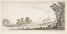 Plate 11: shepherdess seated to the right under a tree, watching her flock to the left..., ca. 1641. Creator: Stefano della Bella