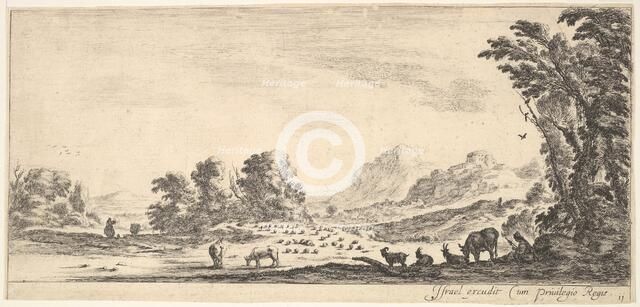 Plate 11: shepherdess seated to the right under a tree, watching her flock to the left..., ca. 1641. Creator: Stefano della Bella.
