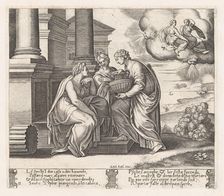 Plate 11: Psyche offering presents to her sisters who also appear on the clouds at uppe..., 1530-60. Creator: Master of the Die