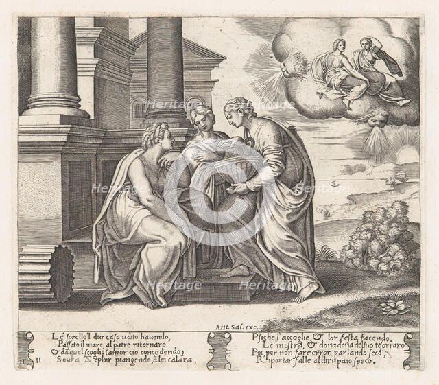 Plate 11: Psyche offering presents to her sisters who also appear on the clouds at uppe..., 1530-60. Creator: Master of the Die.