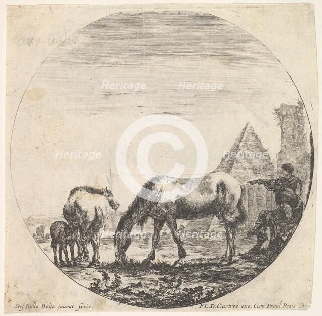 Plate 11: the pyramid of Caius Cestius to right in the background, a horse grazing ..., ca. 1643-48. Creator: Stefano della Bella.