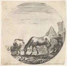 Plate 11: the pyramid of Caius Cestius to right in the background, a horse grazing ..., ca. 1643-48. Creator: Stefano della Bella