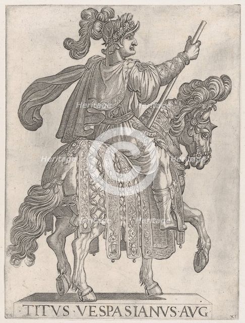 Plate 11: Titus Vespasian on horseback facing right from the 'First Twelve Emperors o..., 1575-1630. Creator: Antonio Tempesta.