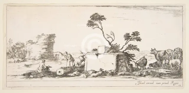 Plate 12: a seated draughtsman to left, a standing shepherd next to him to right, ruin..., ca. 1641. Creator: Stefano della Bella.