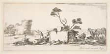 Plate 12: a seated draughtsman to left, a standing shepherd next to him to right, ruin..., ca. 1641. Creator: Stefano della Bella