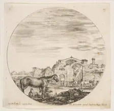 Plate 12: a shepherd sleeping on the ground at right, three horses at left, other hors..., ca. 1646. Creator: Stefano della Bella