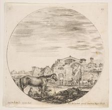 Plate 12: a shepherd sleeping on the ground at right, three horses at left, other hors..., ca. 1646. Creator: Stefano della Bella