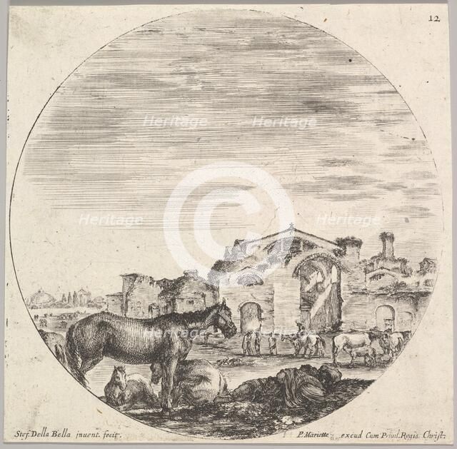 Plate 12: a shepherd sleeping on the ground to right, three horses to left, other h..., ca. 1643-48. Creator: Stefano della Bella.