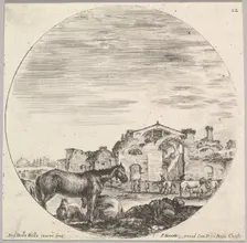 Plate 12: a shepherd sleeping on the ground to right, three horses to left, other h..., ca. 1643-48. Creator: Stefano della Bella