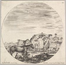 Plate 12: a shepherd sleeping on the ground to right, three horses to left, other h..., ca. 1643-48. Creator: Stefano della Bella