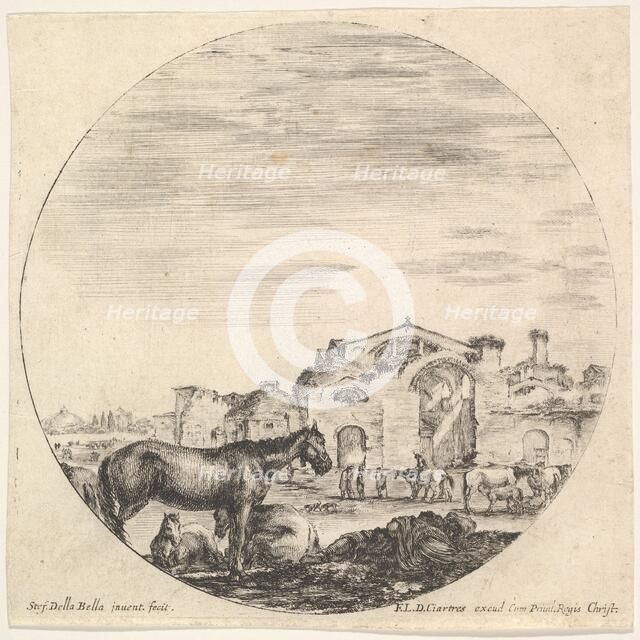Plate 12: a shepherd sleeping on the ground to right, three horses to left, other h..., ca. 1643-48. Creator: Stefano della Bella.
