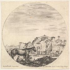 Plate 12: a shepherd sleeping on the ground to right, three horses to left, other h..., ca. 1643-48. Creator: Stefano della Bella