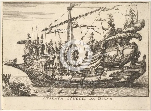 Plate 12: Atalanta led by Diana (Atalata condoti da Diana), accompanied by warriors bearin..., 1664. Creator: Unknown.