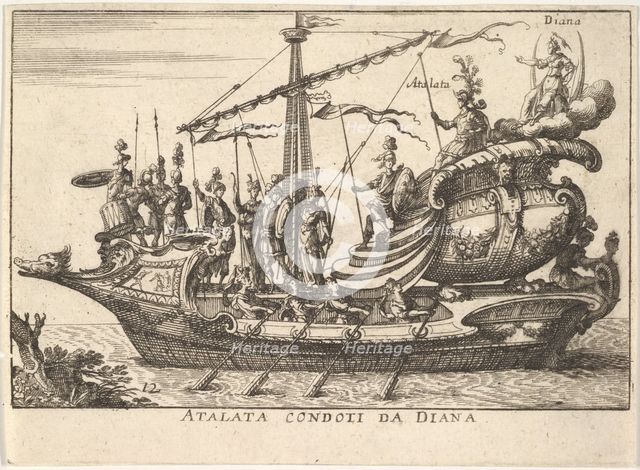 Plate 12: Atalanta led by Diana (Atalata condoti da Diana), accompanied by warriors bearin..., 1664. Creator: Unknown.