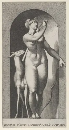 Plate 12: Diana standing in a niche, twisting to her left and pulling an arrow out of a qu..., 1526. Creator: Giovanni Jacopo Caraglio