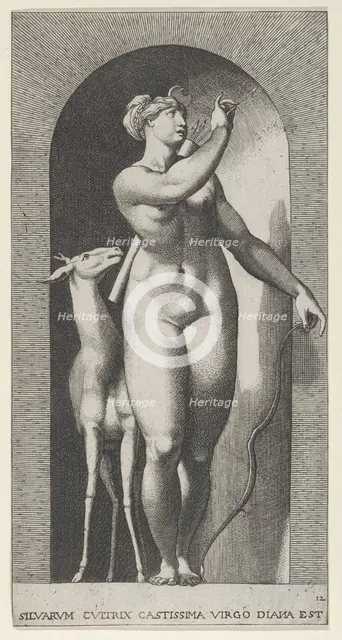 Plate 12: Diana standing in a niche, twisting to her left and pulling an arrow out of a qu..., 1526. Creator: Giovanni Jacopo Caraglio.
