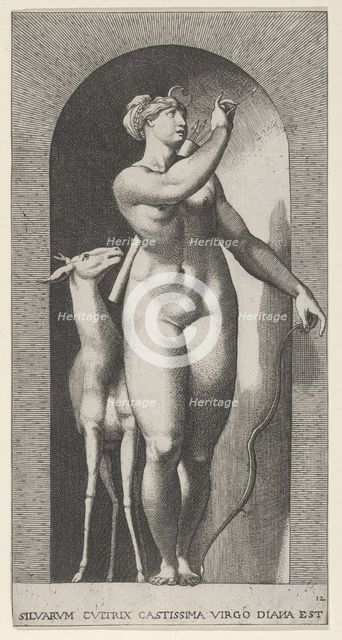 Plate 12: Diana standing in a niche, twisting to her left and pulling an arrow out of a qu..., 1526. Creator: Giovanni Jacopo Caraglio.
