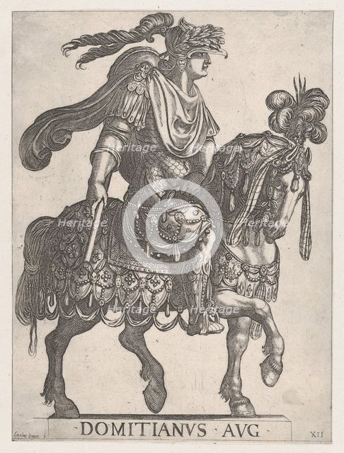 Plate 12: Emperor Domitian on horseback facing right from the 'First Twelve Emperors ..., 1575-1630. Creator: Antonio Tempesta.