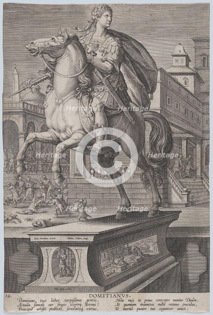 Plate 12: equestrian statue of Domitian, seen three-quarters to the left, with his ..., ca. 1587-89. Creator: Adriaen Collaert.