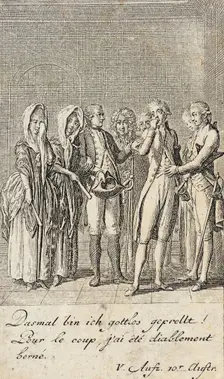 Plate 12 for C. L. Bretzner's The Marriage Broker 1784. Creator: Daniel Nikolaus Chodowiecki
