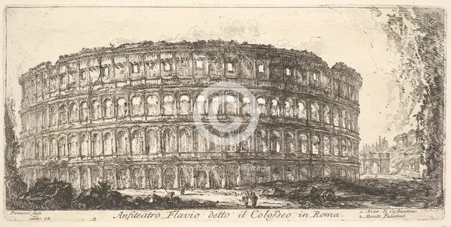 Plate 12: Flavian Amphitheater, called the Colosseum. 1. Arch of Constantine. 2. Palat..., ca. 1748. Creator: Giovanni Battista Piranesi.