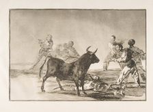 Plate 12 from the Tauromaquia': The crowd hamstrings the bull with lances, sickles, bande..., 1816. Creator: Francisco Goya
