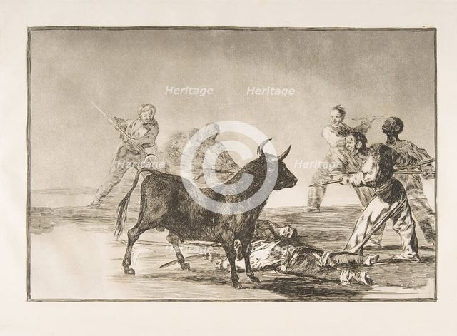 Plate 12 from the 'Tauromaquia': The crowd hamstrings the bull with lances, sickles, bande..., 1816. Creator: Francisco Goya.