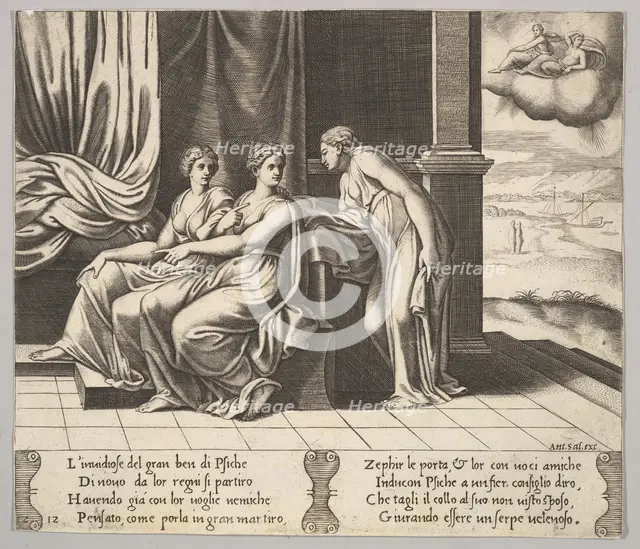 Plate 12: Psyche's sisters persuade her a serpent is sleeping with her, from 'The Fable..., 1530-60. Creator: Master of the Die.