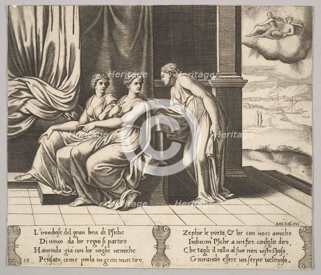 Plate 12: Psyche's sisters persuade her a serpent is sleeping with her, from 'The Fable..., 1530-60. Creator: Master of the Die.