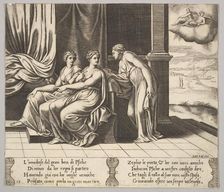 Plate 12: Psyche's sisters persuade her a serpent is sleeping with her, from The Fable..., 1530-60. Creator: Master of the Die