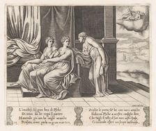 Plate 12: Psyche's sisters persuading Psyche that she has been sleeping with a serpent,..., 1530-60. Creator: Master of the Die