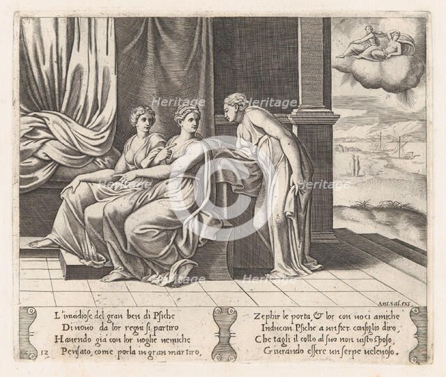 Plate 12: Psyche's sisters persuading Psyche that she has been sleeping with a serpent,..., 1530-60. Creator: Master of the Die.