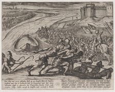 Plate 12: Pulling a Vessel Loaded with Grain to Shore, from The War of the Romans Against ..., 1611. Creator: Antonio Tempesta