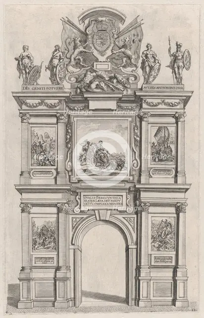 Plate 12: Triumphal arch, elevation of the back facade, surmounted with the arms of Ferdin..., 1636. Creators: Johannes Meursius, Willem van der Beke.