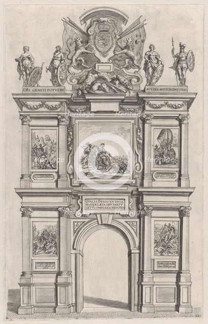 Plate 12: Triumphal arch, elevation of the back facade, surmounted with the arms of Ferdin..., 1636. Creators: Johannes Meursius, Willem van der Beke.