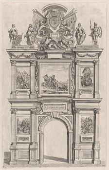 Plate 12: Triumphal arch, elevation of the back facade, surmounted with the arms of Ferdin..., 1636. Creators: Johannes Meursius, Willem van der Beke