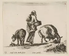 Plate 13: a peasant woman, seen from the back, holding a basket in center, a donkey..., ca. 1644-47. Creator: Stefano della Bella