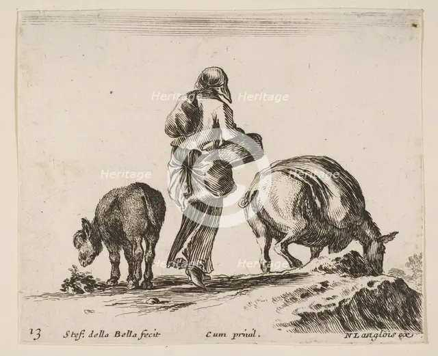 Plate 13: a peasant woman, seen from the back, holding a basket in center, a donkey..., ca. 1644-47. Creator: Stefano della Bella.