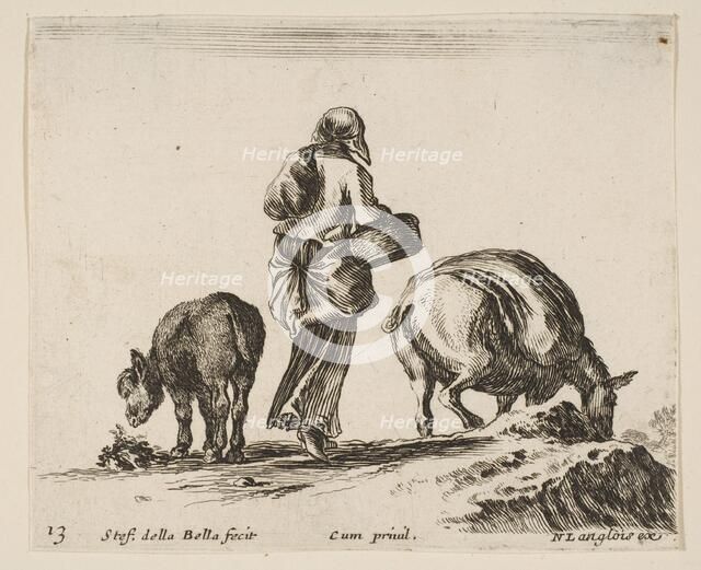 Plate 13: a peasant woman, seen from the back, holding a basket in center, a donkey..., ca. 1644-47. Creator: Stefano della Bella.
