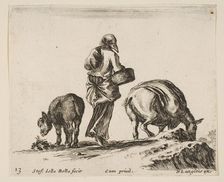Plate 13: a peasant woman, seen from the back, holding a basket in center, a donkey..., ca. 1644-47. Creator: Stefano della Bella