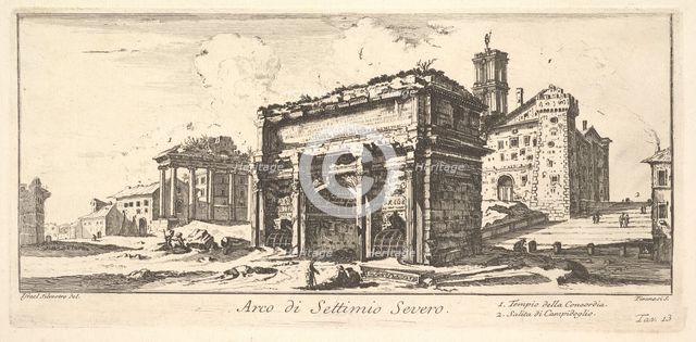 Plate 13: Arch of Settimius Severus 1. Temple of Concord. 2. Ascent to the Capitoline ..., ca. 1748. Creator: Giovanni Battista Piranesi.
