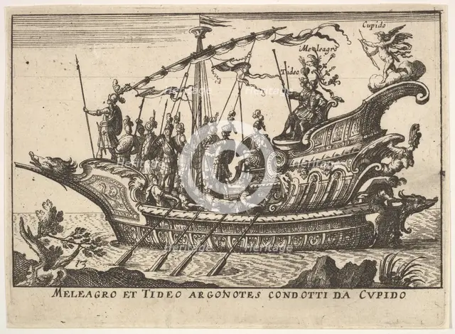 Plate 13: Argonauts Meleager and Tydeus led by Cupid (Meleagro et Tideo Argonotes condotti..., 1664. Creator: Unknown.