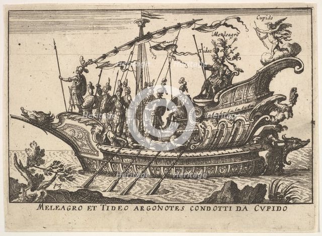 Plate 13: Argonauts Meleager and Tydeus led by Cupid (Meleagro et Tideo Argonotes condotti..., 1664. Creator: Unknown.
