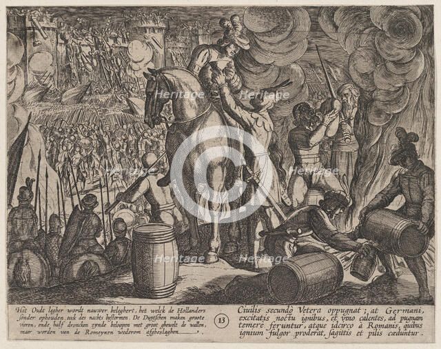 Plate 13: Attack on the Roman Fortress at Night, from The War of the Romans Against the Ba..., 1611. Creator: Antonio Tempesta.