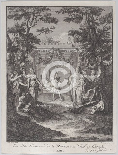 Plate 13: entrance of Love and Wealth to Gamache's wedding (Entrée de L'amour et de la Ric..., 1745. Creator: Pierre Tanje.