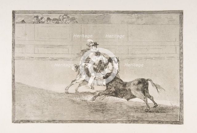 Plate 13 of the 'Tauromaquia': A Spanish mounted knight in the ring breaking short spears ..., 1816. Creator: Francisco Goya.